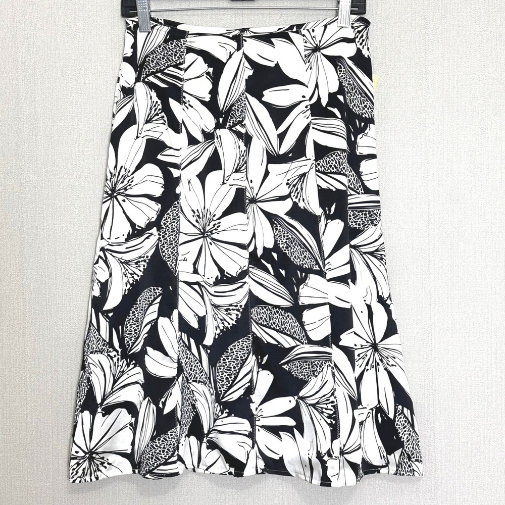 Amanda Smith 100 % Silk Black White Floral A-Line Midi Skirt Womens 6 Y2K Glam
